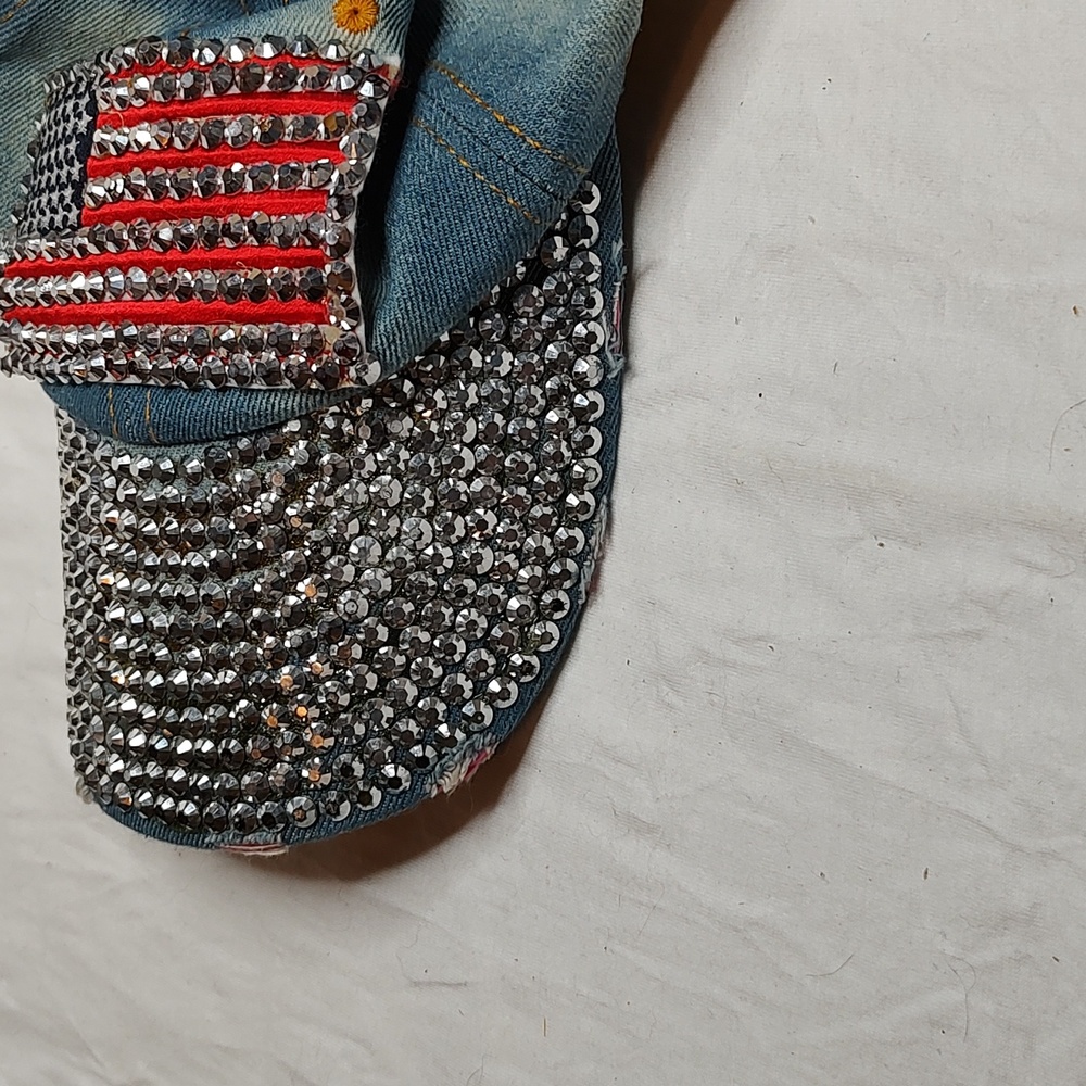 Bling American Flag Denim Distressed Jean Cap USA Hat - Picture 7 of 11